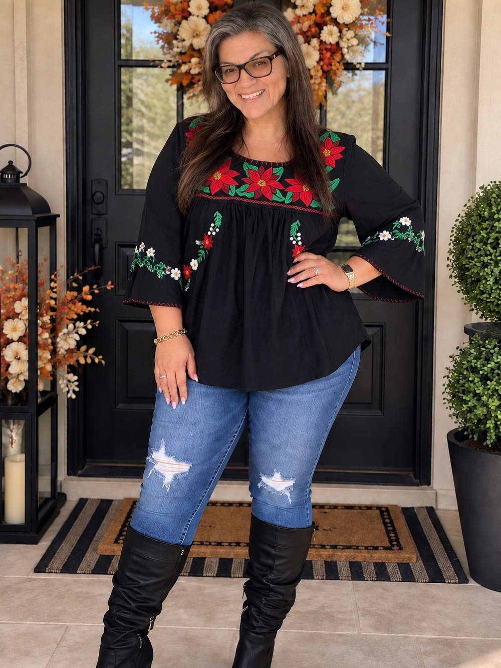Embroidered Black Floral Peasant Top - Women's